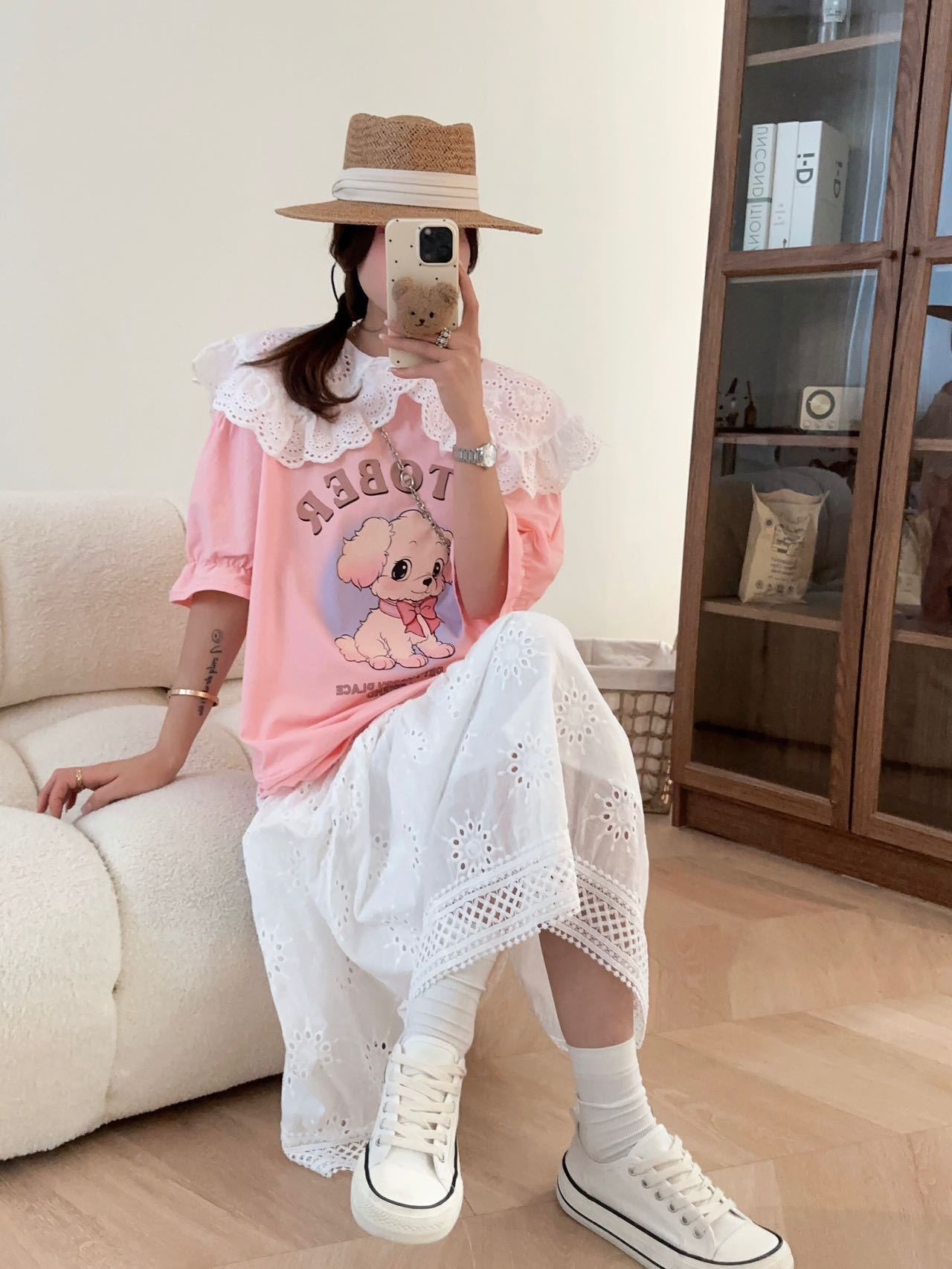 スウィート ワンちゃんロゴ 韓国系 ゆったりTシャツ半袖<S-4882>