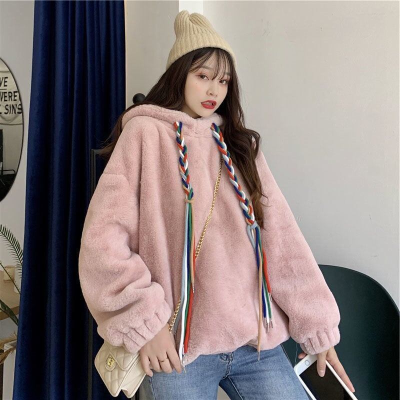 韓国系カラフルなフード付きボアパーカー2色あり<S-4376>