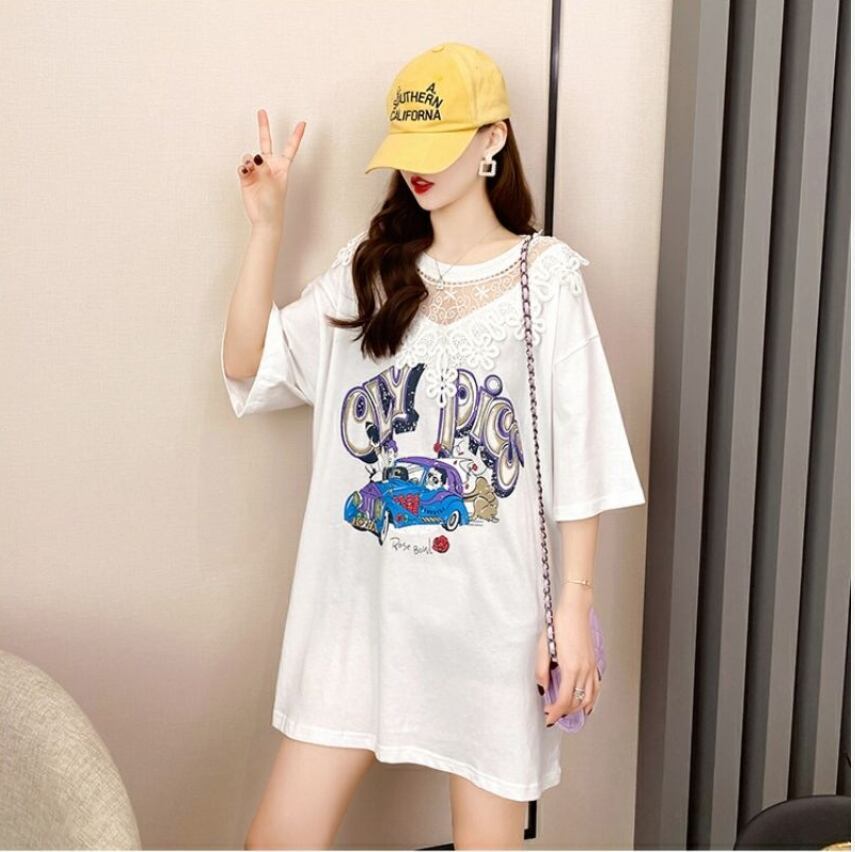 着回し力抜群 プリント カジュアル ビッグロゴ レース 切り替え 半袖Tシャツ 全3色＜S-8423＞