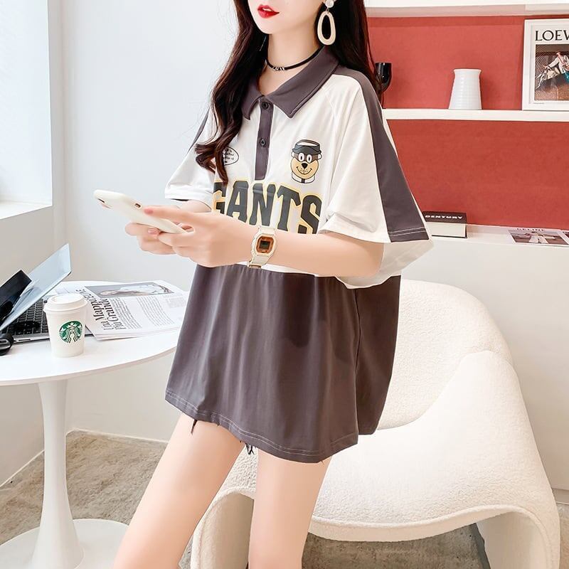 ファッションカジュアルネットレッドルーズポロカラー半袖Tシャツ<S-2856>