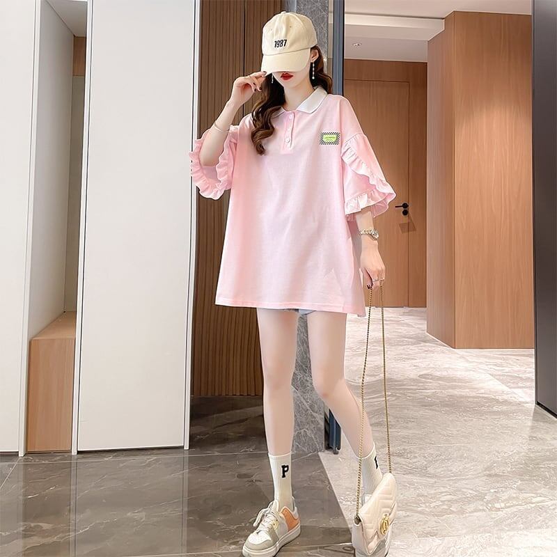 おすすめ POLOネック シンプル フリル ロング Tシャツ 三色 ゆったり半袖 ＜S-3055＞