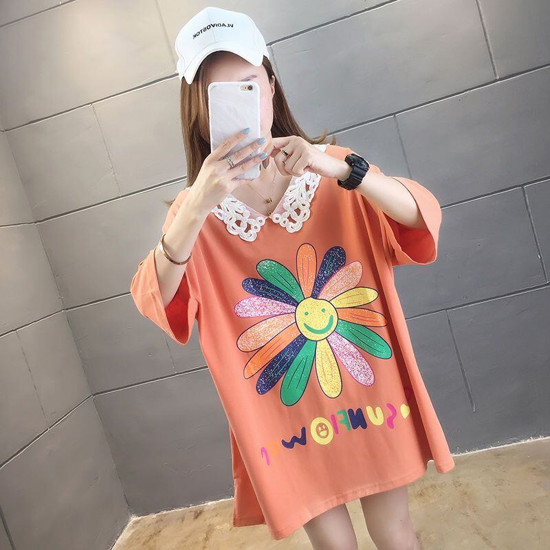 大人可愛い ロング丈 ゆったり 切り替え 三色半袖Tシャツ＜S-8129＞