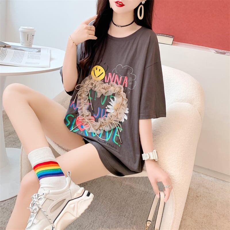 デザイン感 切り替え チャーミング プリント Tシャツ カットソー＜S-3529＞