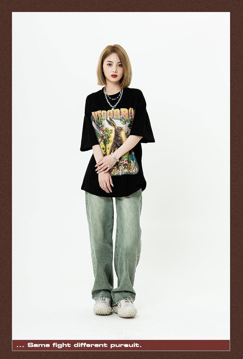 アメリカンレトロ絵画ウサギ半袖Tシャツカップル男女同スタイル<S-2910>
