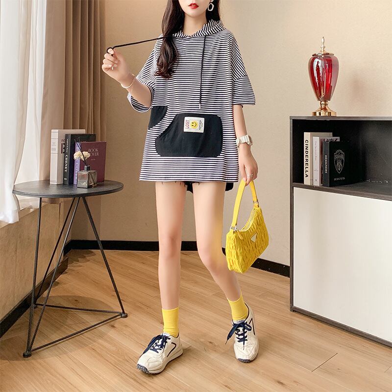 スタイルアップ効果抜群 ストライプ柄 アバンギャルド 切り替え レース プリント全2色 半袖Tシャツ<S-9111>