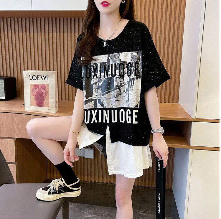 絶対流行 レイヤード風 レース プリント全2色 半袖Tシャツ<S-8821>
