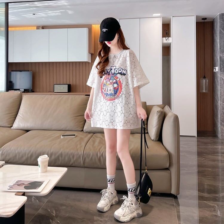 ハイエンドデザインセンスレース中空ルーズミドル丈半袖Tシャツ<S-3035>