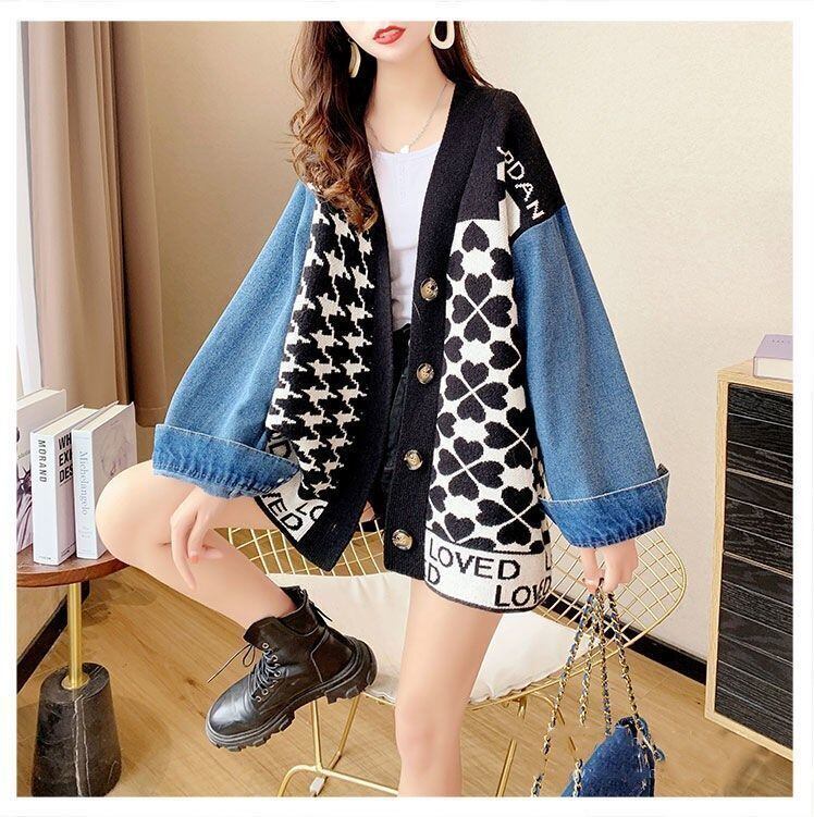 都市ファッショ デザイン オシャレ デニム切り替え 全2色 ニットカーディガン<S-9377>