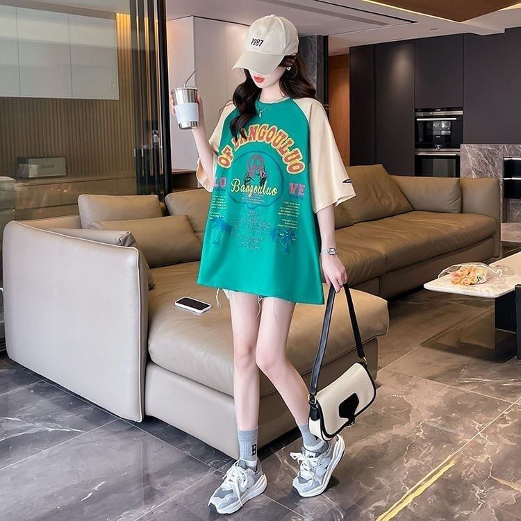 夏新作 配色 プリント ロング ラグランTシャツ 三色 ゆったりワンピース ＜S-4003＞