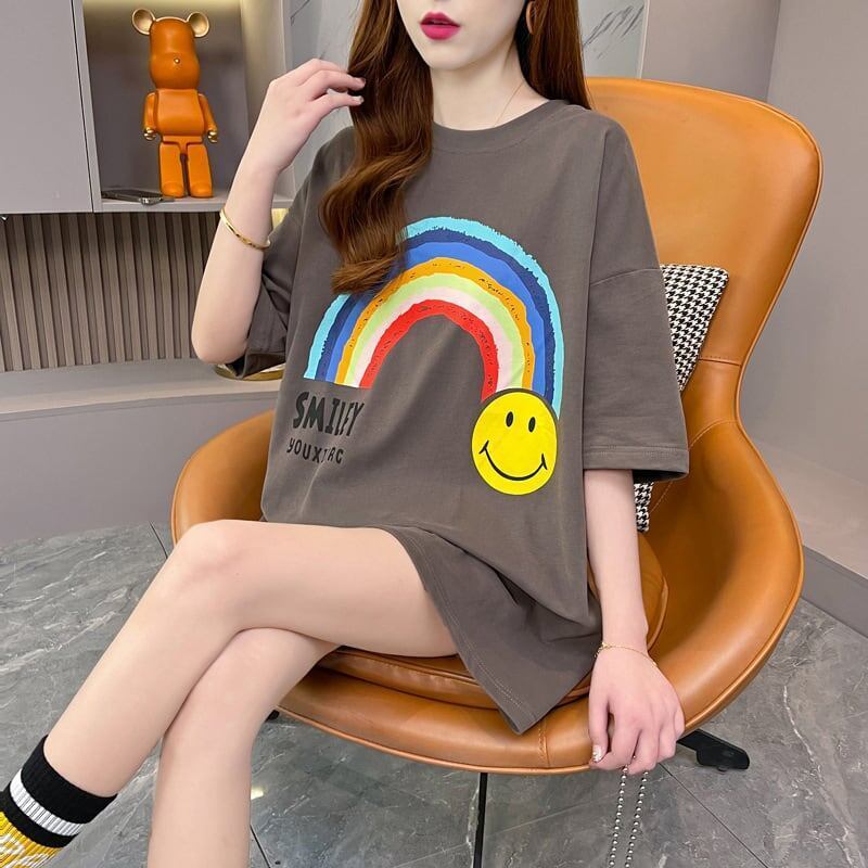 レインボースマイリーファッションオールマッチルーズ半袖Tシャツ<S-2860>