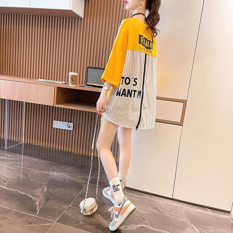 大好評 切り替え ストライプ柄 プリント ロング Tシャツ 三色 ゆったりワンピース ＜S-4012＞
