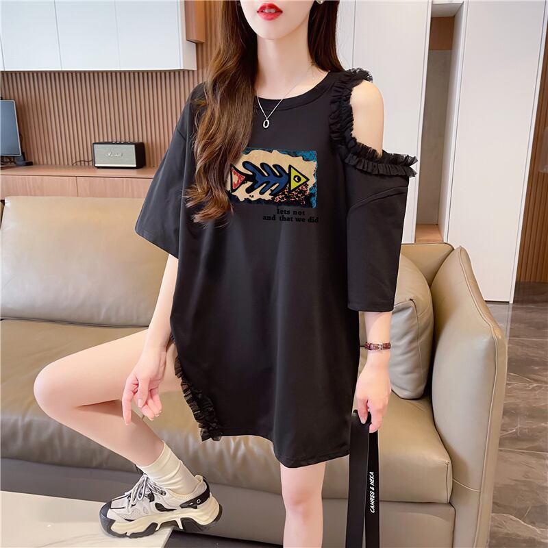 おしゃれ度高め レース 美人度アップ 切り替え プリント全4色 Tシャツ カットソー＜S-9213＞
