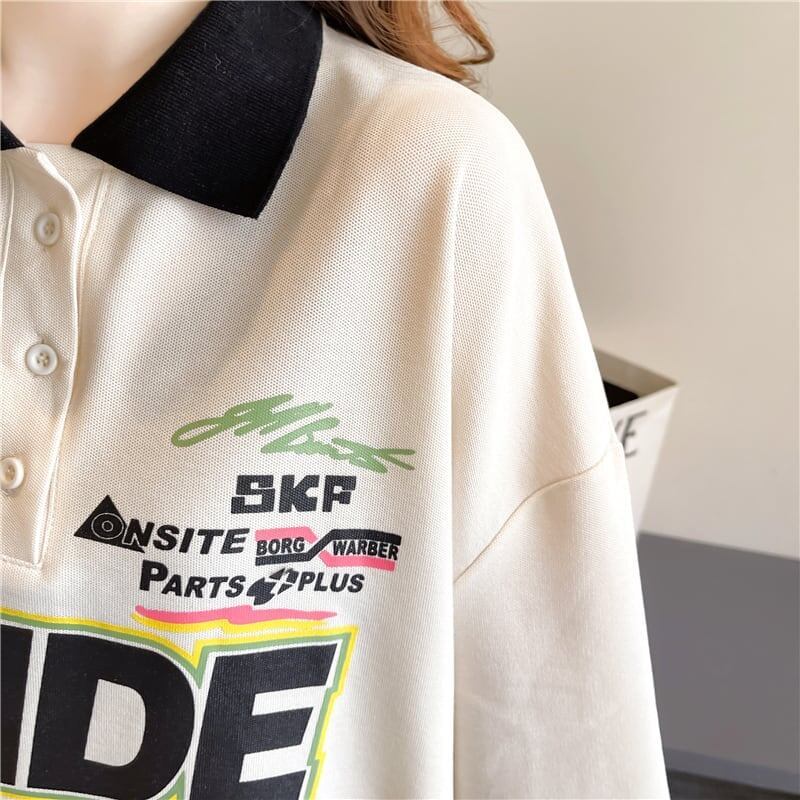 質感のいい ロング POLOネック プリントTシャツ ゆったり半袖 ＜S-2928＞