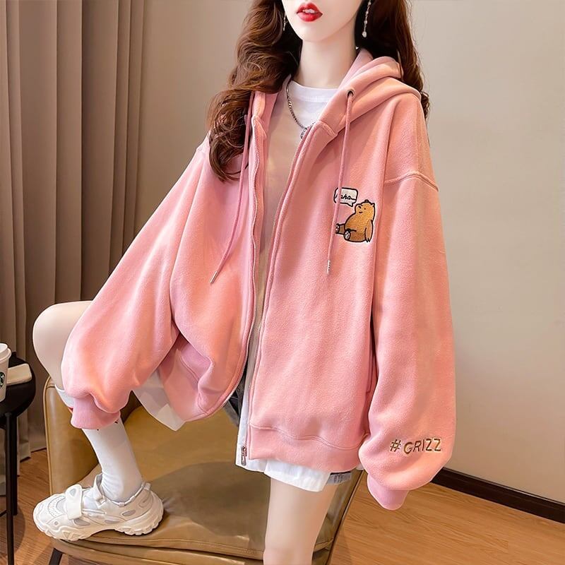 【裏起毛】可愛いクマちゃん厚手フルジップパーカー二色あり<S-4677>