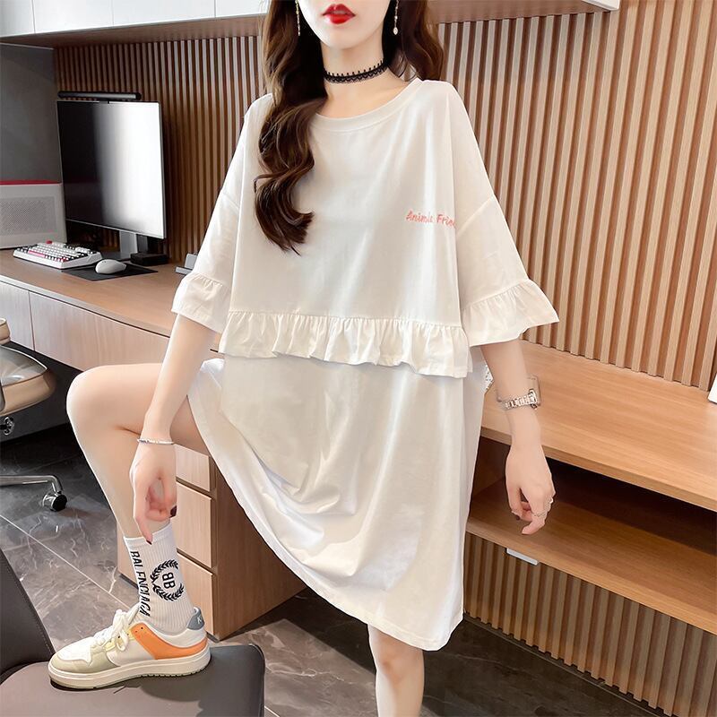 【半額！期間限定！！】合わせやすい 切り替え フリル プリント Tシャツ ゆったりワンピース＜S-3008＞