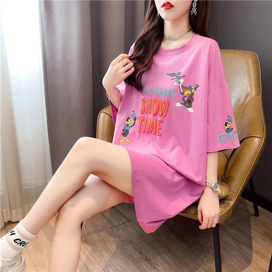 おすすめ アルファベット ラウンドネック プリントTシャツ ゆったり ワンピース＜S-3049＞