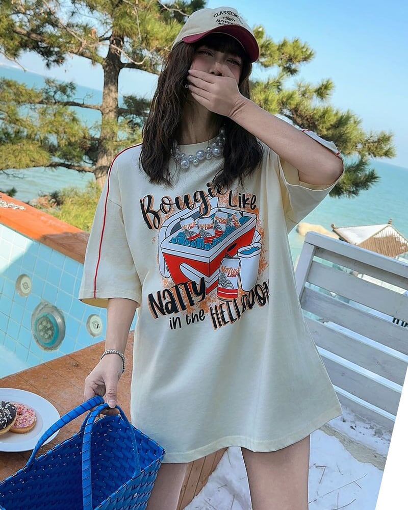 着?せ ゆったり ビッグロゴ ロングTシャツ 半袖 ワンピース<S-4859>