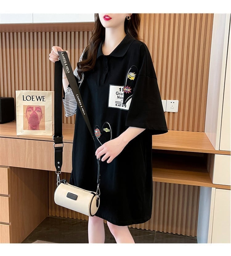 POLOネック 切り替え ストライプ柄 ロング Tシャツ ゆったりワンピース ＜S-3031＞
