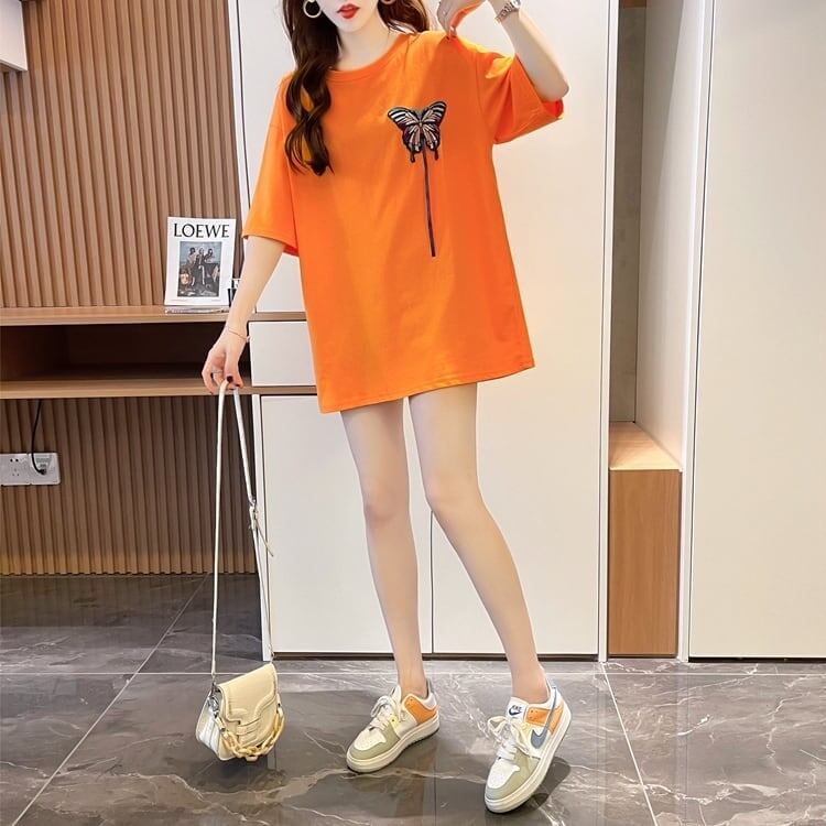 最新デザインセンス刺繍純綿ルーズ半袖Tシャツ<S-2949>