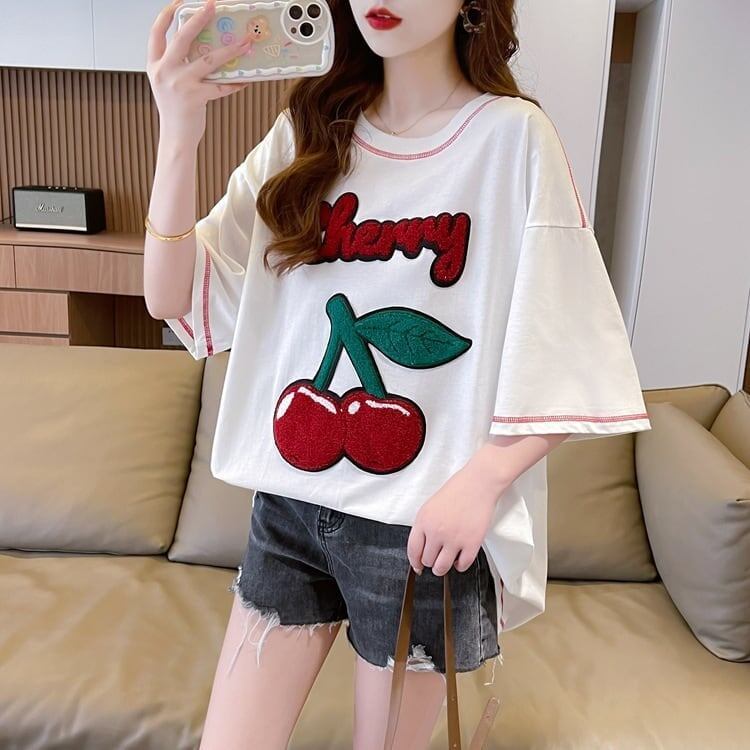 おすすめ新作 Tシャツ チェリー刺 ゆったり半袖＜S-2971＞