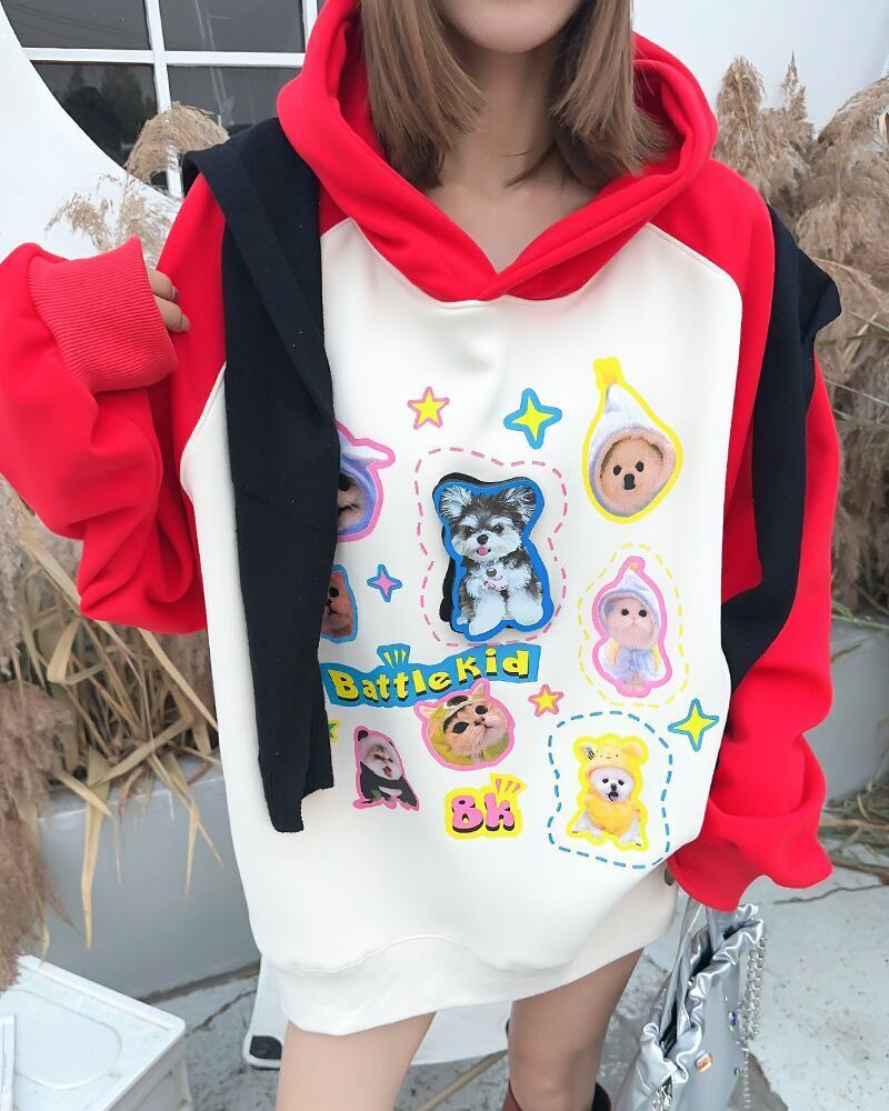 超人気商品猫柄犬柄ロゴ厚手ラグランパーカー全3色オーバーサイズトップス＜S-4473＞