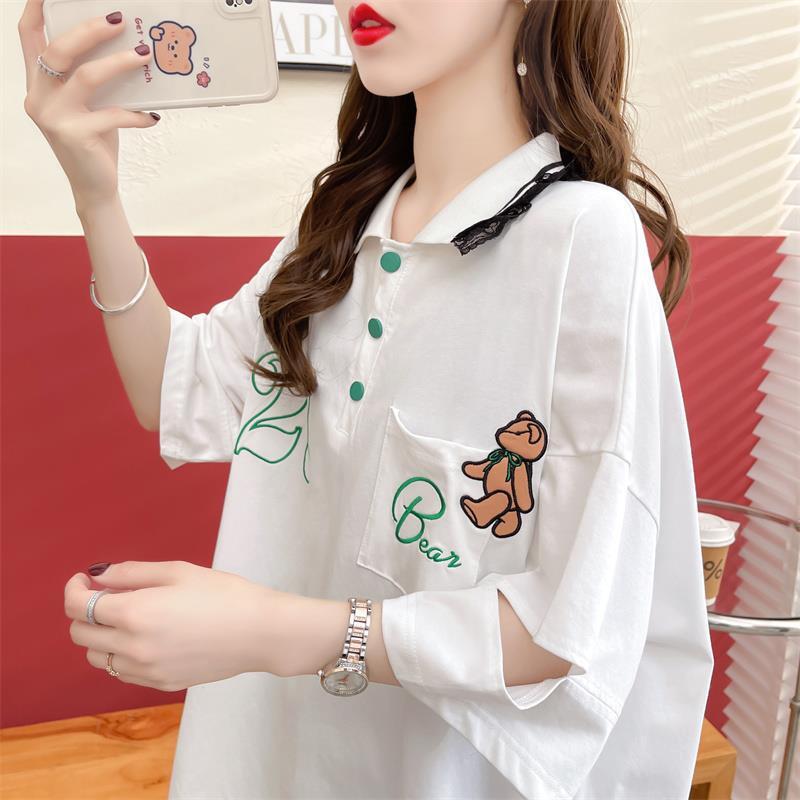 POLOネック ポケット ベアー レース ロング Tシャツ 三色 ゆったりワンピース＜S-3991＞