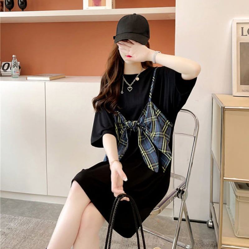 美人度アップ プリント 美腿効果抜群 Tシャツ カットソー ワンピース＜S-3357＞