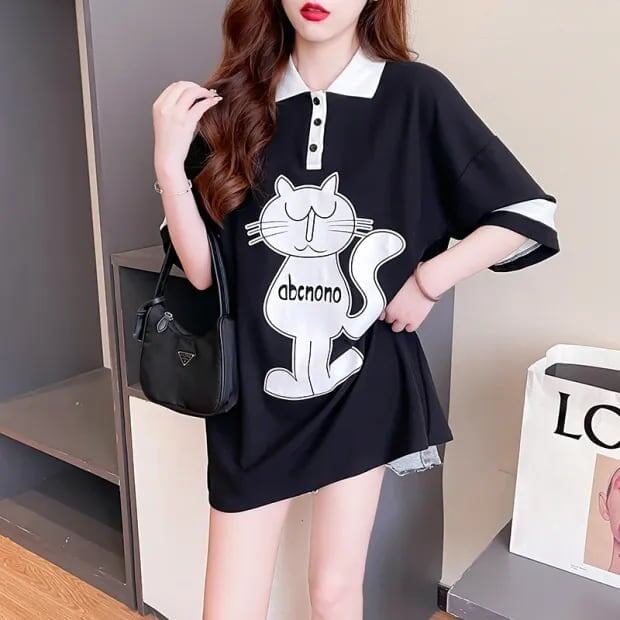 韓国系 猫柄 POLOネック ロング プリントTシャツ ゆったり半袖 ＜S-2894＞