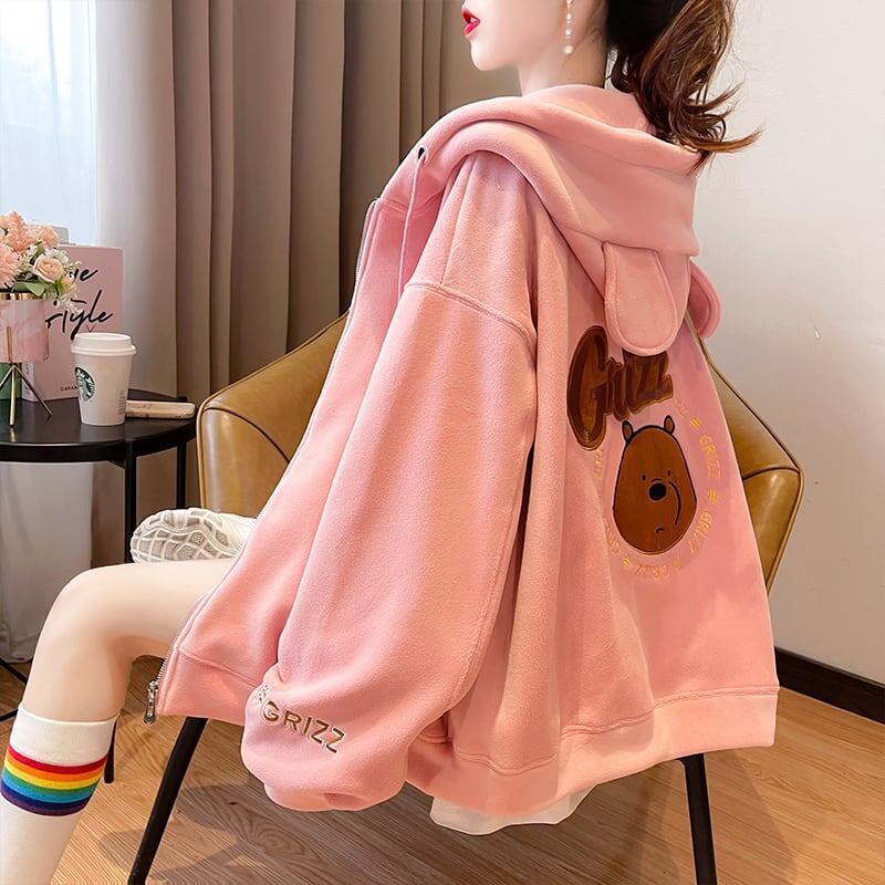 【裏起毛】可愛いクマちゃん厚手フルジップパーカー二色あり<S-4677>
