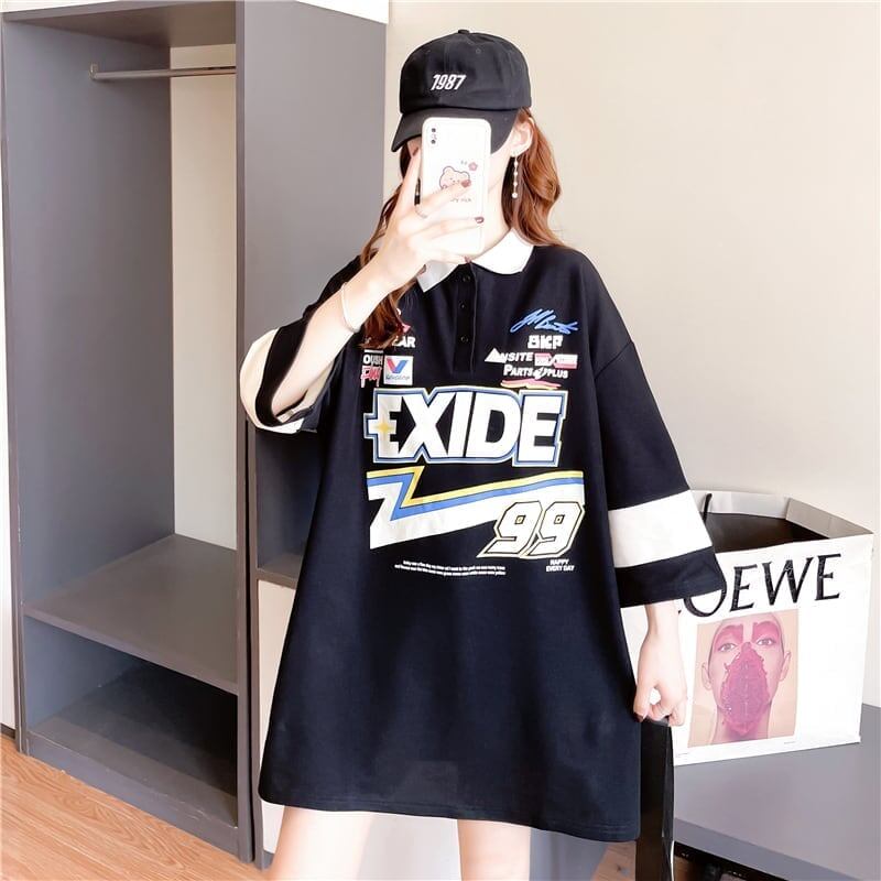 質感のいい ロング POLOネック プリントTシャツ ゆったり半袖 ＜S-2928＞