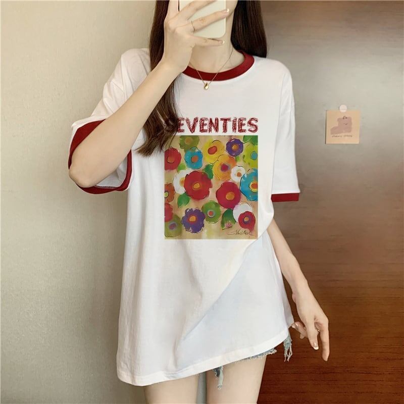 着せ 配色 プリント ロング Tシャツ 四色 ゆったり半袖 ＜S-3019＞