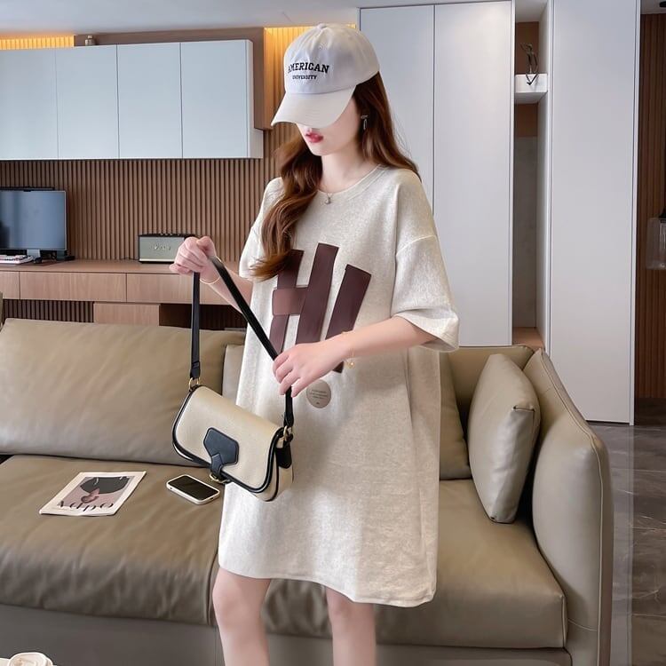 ファッション ロング プリントTシャツ 丸襟 半袖＜S-2807＞