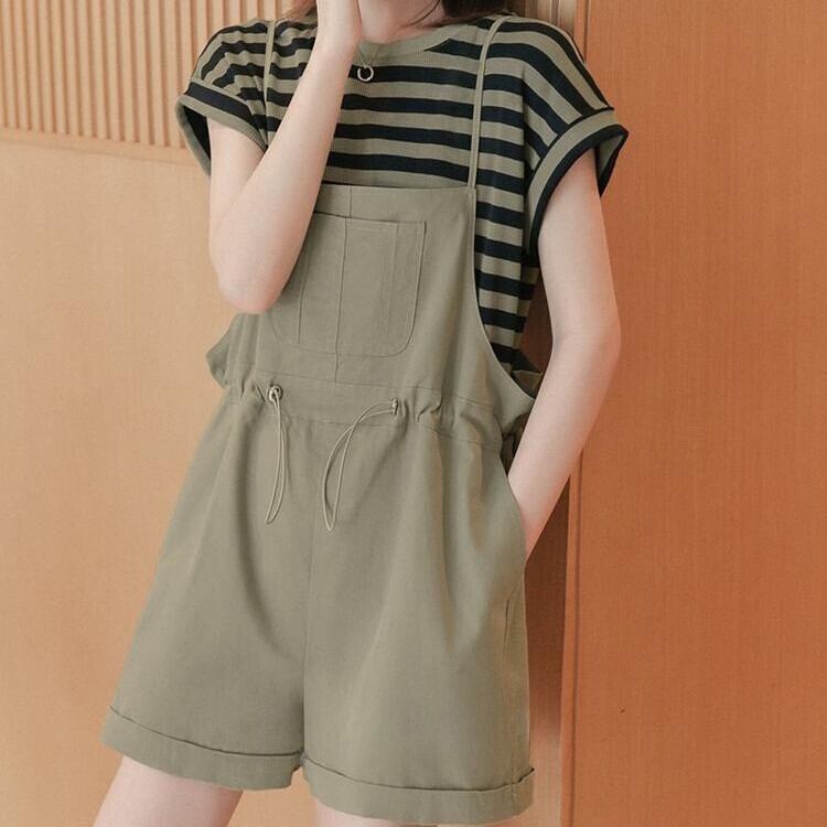 超人気 ストライプ柄 カジュアル 切り替え 半袖Ｔシャツⅹオーバーオールショーツセット全4色 <S-8731>