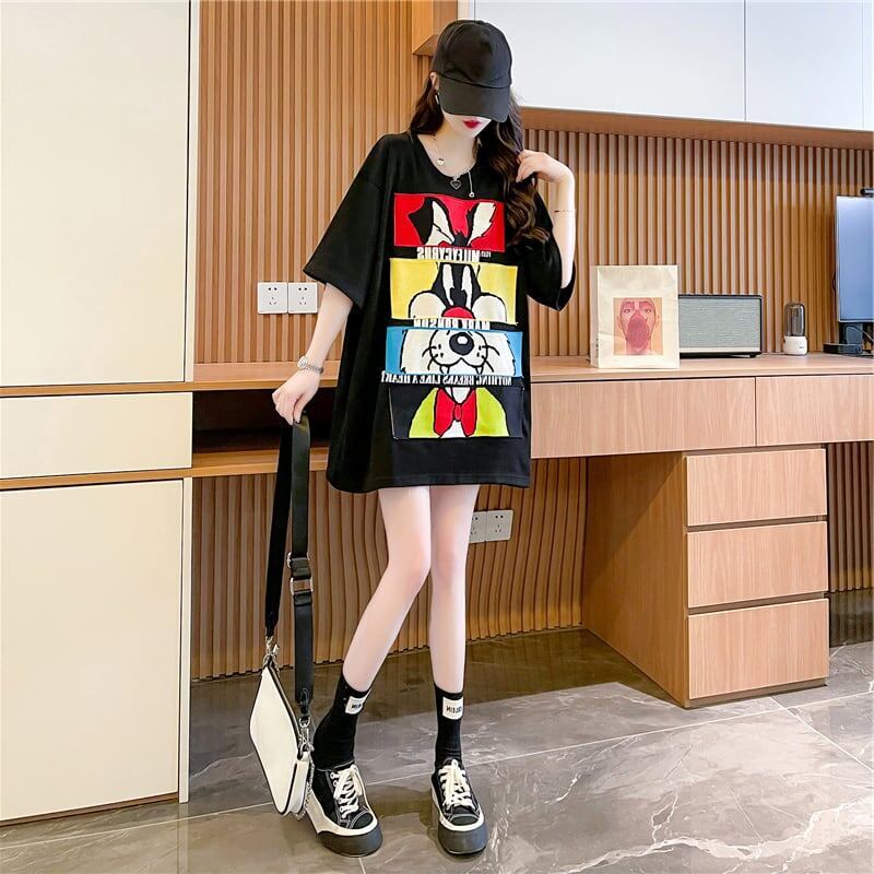 清純甘くて女子力UP ラウンドネック 一目惚れ カートゥーンプリント Tシャツ＜S-2817＞