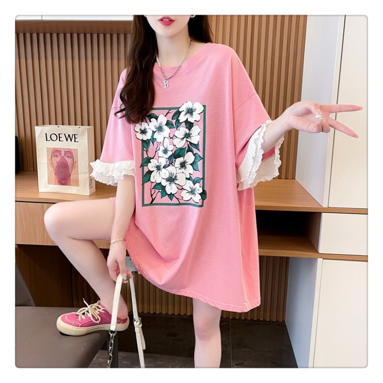 優しい雰囲気 プリント フリル切り替え ロングTシャツ ゆったり半袖＜S-2891＞