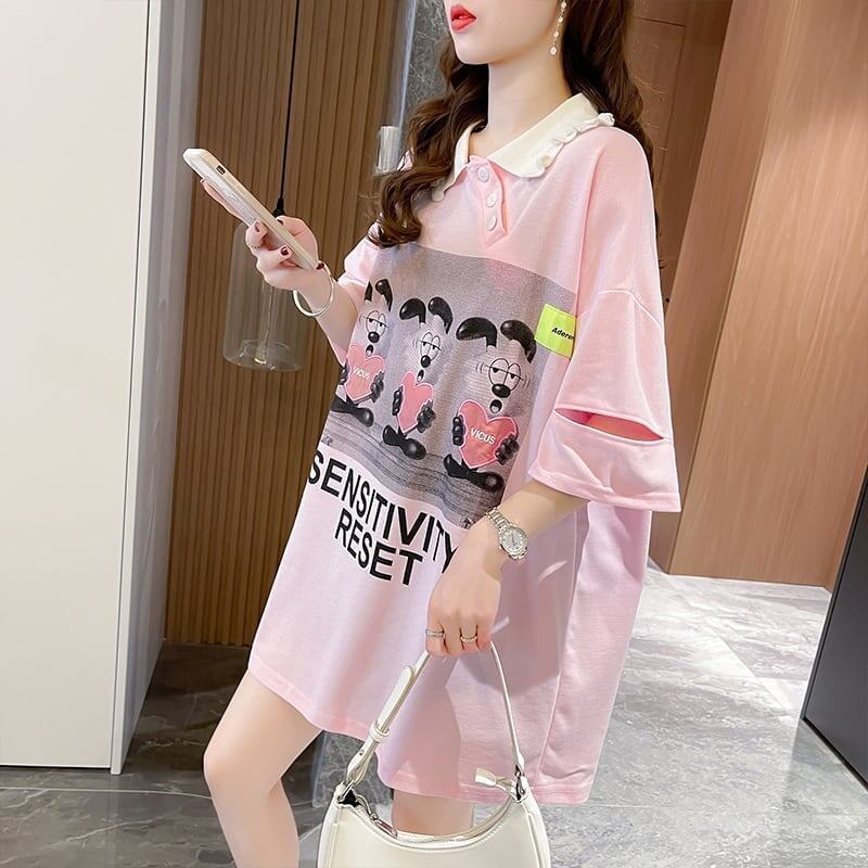 夏新作 アルファベットプリント POLOネック ロング Tシャツ ゆったりワンピース ＜S-3038＞