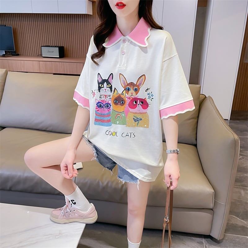 デザインセンスゆったりプリントトップラペルTシャツポロシャツ<S-2898>