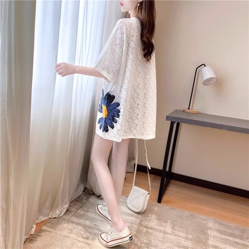 優しい雰囲気 透かし彫り 花柄 プリント ロング Tシャツ ゆったりワンピース ＜isf-3033＞
