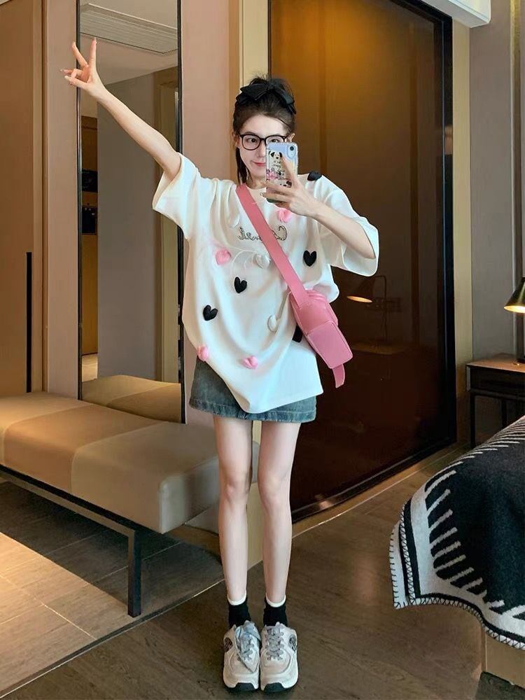絶対欲しい ホットダイヤモンド キュート 三次元の愛 ゆったり 半袖Tシャツ＜S-8823＞