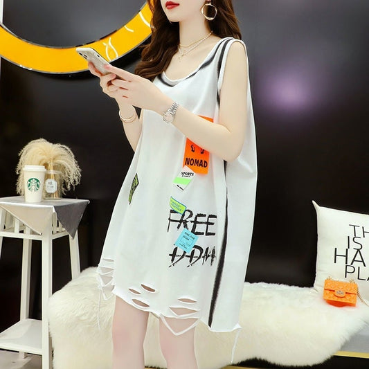 今季マストバイ ダメージ加工 デザイン性抜群 プリント全2色 ノースリーブ Tシャツ カットソー＜S-9141＞