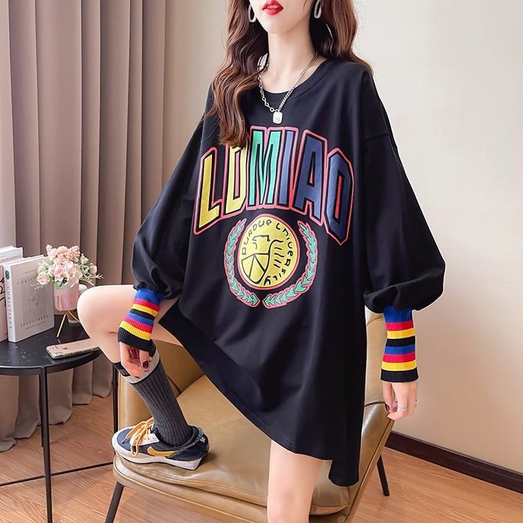 着?せ グラフィックプリント 虹色 ロング長袖Tシャツ 三色トップス＜S-4107＞
