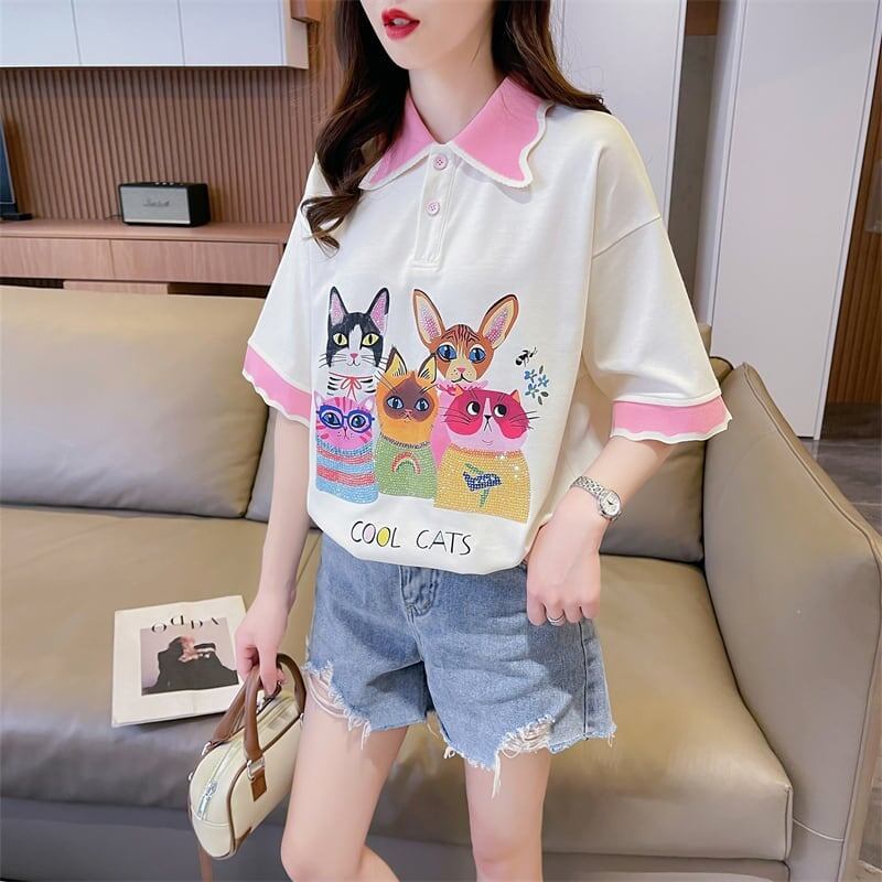 デザインセンスゆったりプリントトップラペルTシャツポロシャツ<S-2898>
