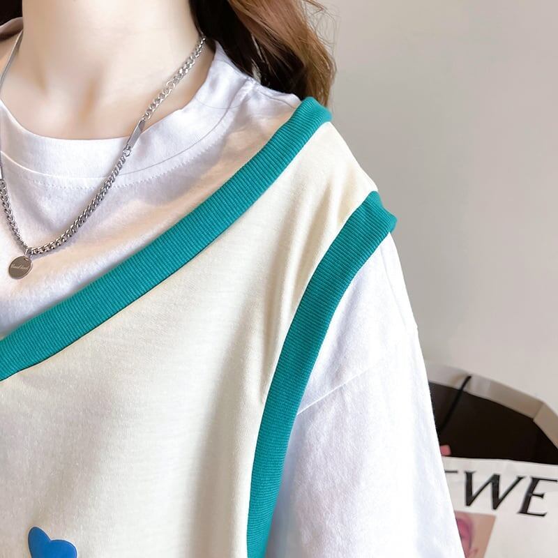 絶対欲しい レイヤード アルファベット Tシャツ ゆったり ロング 半袖 ＜S-2943＞