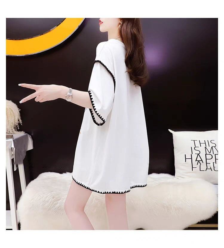 韓国系 ロング プリント Tシャツ 三色 ゆったり半袖 ＜S-2841＞