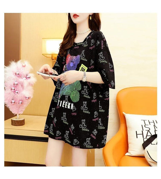 大活躍 プリント 熊柄 Tシャツ ラウンドネック ゆったり半袖＜S-3004＞