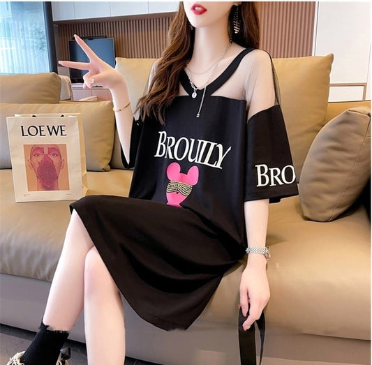 売り切れ必至 Vネック セクシー 切り替え チュール プリントTシャツ ゆったりワンピース ＜S-3050＞