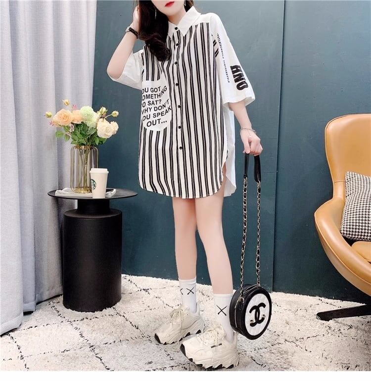 ストライプ柄 カラーマッチング POLOネック ロング Tシャツ ゆったり 5分袖＜S-2938＞