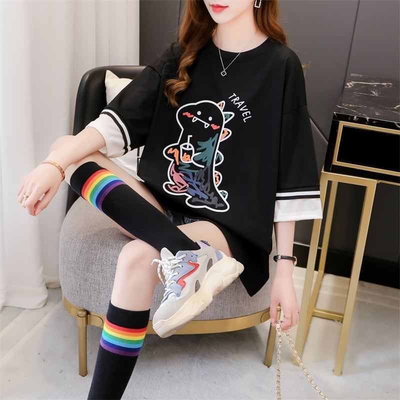 合わせやすい アルファベット ラウンドネック プリントTシャツ ゆったり ワンピース＜S-3992＞
