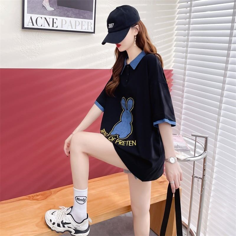 韓国系 ウサギちゃん POLOネック プリントTシャツ 三色 ゆったり半袖 ＜S-3056＞