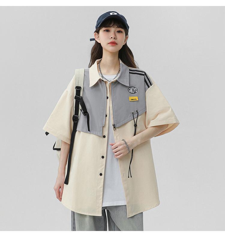 シンプルだけど一癖あるコーデ 切り替え レイヤード風 全2色 半袖Tシャツ<S-9046>